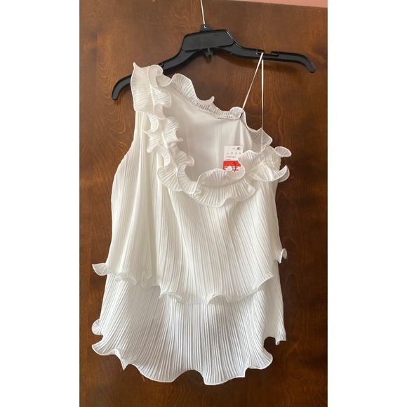 Lush Pleated Ruffle Top‎ Sleeveless One Shoulder Party Blouse White Size M - Picture 1 of 7